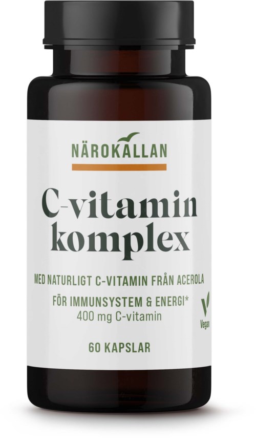 En flaske med C-vitamin kompleks kosttilskudd med hvit og grønn etikett, inneholder 60 kapsler.