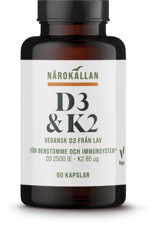 En flaska med veganska D3- och K2-tillskott med vit etikett och svart lock.