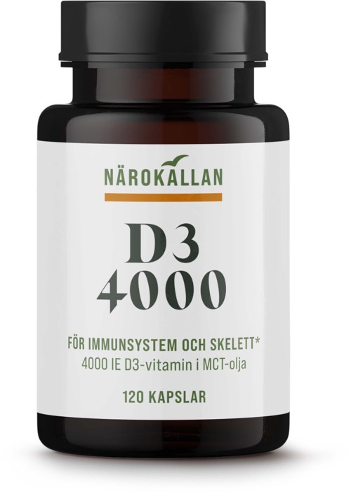 En svart flaska med en vit etikett som säger "NÄROKALLAN D3 4000" och "120 kapslar."
