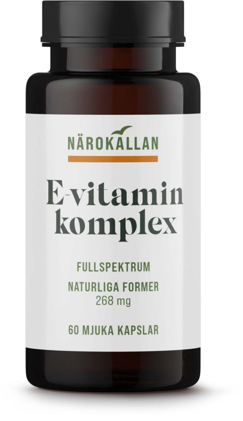 En mørk flaske med hvit etikett for E-vitamin kapsler, viser merket Nakonällan og produktdetaljer.