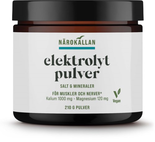 Vegan elektrolyt pulver för muskler och nerver, innehåller salt, mineraler, kalium och magnesium, i burk.