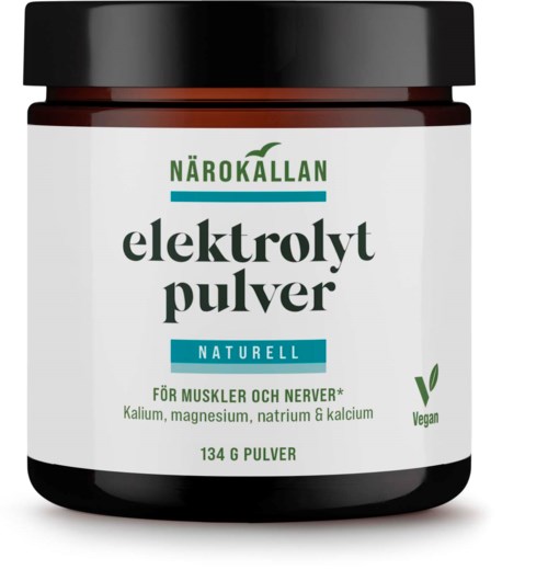 Et glass med elektrolyttpulver merket for muskler og nerver, vegan, inneholder kalium, magnesium, natrium og kalsium.