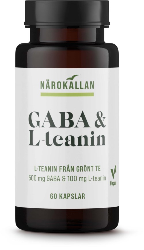 En kosttillskottsflaska märkt GABA & L-teanin, grönt teextrakt, 60 kapslar, vegansk, tillverkad av Närokällan.