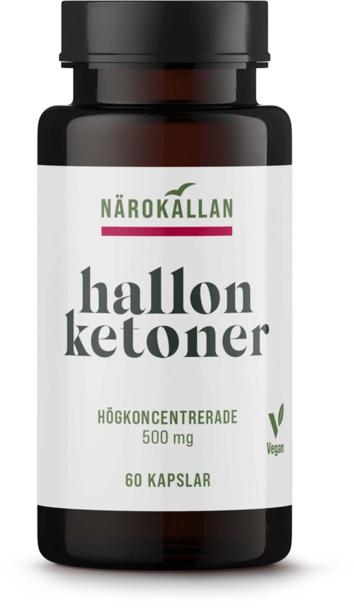 Vegan kosttillskottflaska märkning hallon ketoner, hög koncentration 500 mg, innehåller 60 kapslar.
