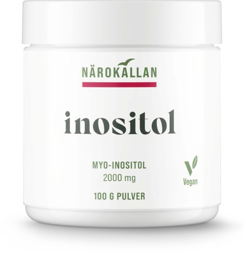 Hälsopulver inuti en vit burk, märket Närokallan, med text inositol 2000 mg och vegan symbol.