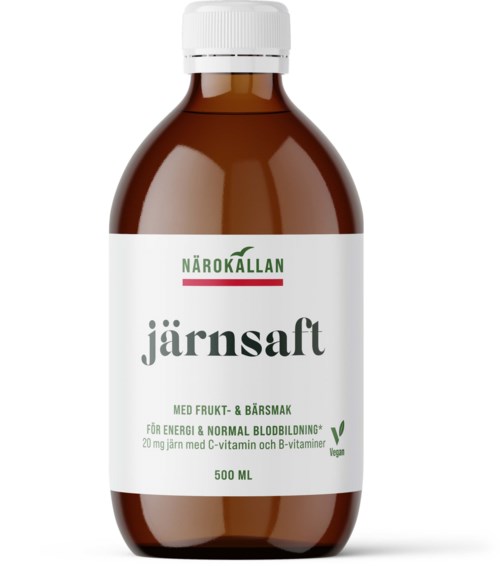 A brown bottle with a white label, green and red text, and a white cap. It is labeled as iron juice for energy.