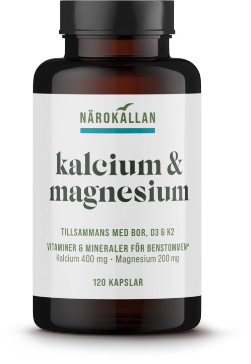En svart flaske med hvit etikett som viser kalsium og magnesium tilskudd, 120 kapsler, fra Narokallan.