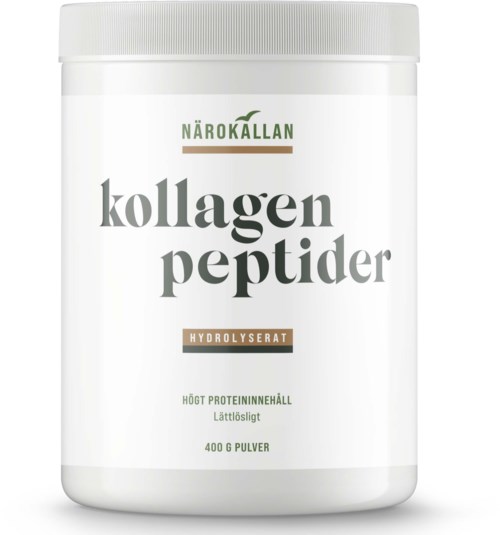 En hvit beholder merket NÄROKALLAN kollagenpeptider hydrolysert, inneholder 400 gram pulver med høyt proteininnhold.