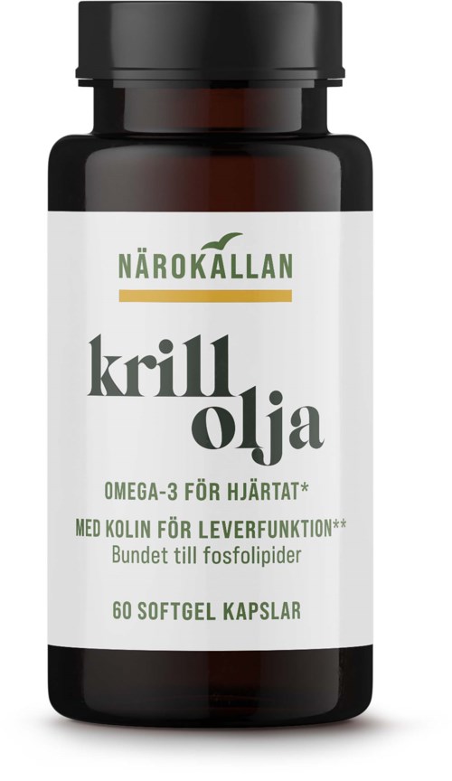 A bottle of omega-3 capsules with a white label. The label has green and yellow accents and text in Swedish.