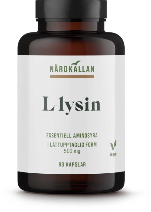 En flaske L-lysintilskudd med hvit etikett, grønn og svart tekst, og svart pillelokk.