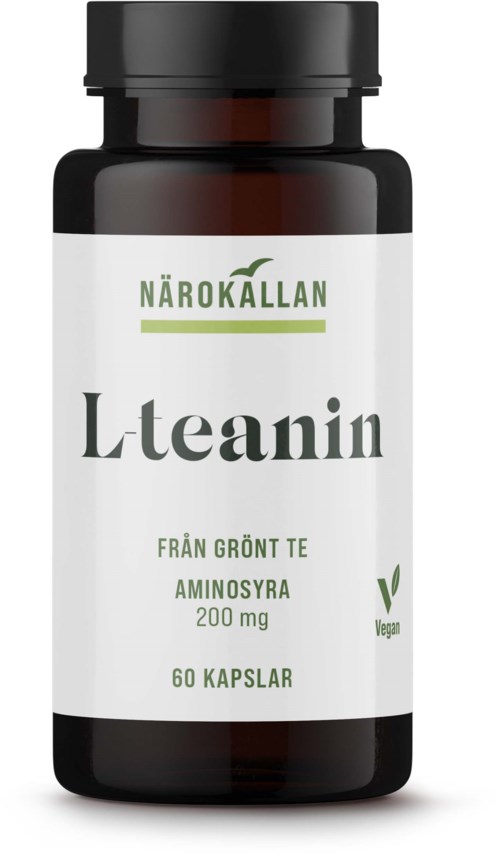 En mörk flaska med vit etikett som visar grön och svart text, och anger ett veganskt L-teanin-tillskott från grönt te.