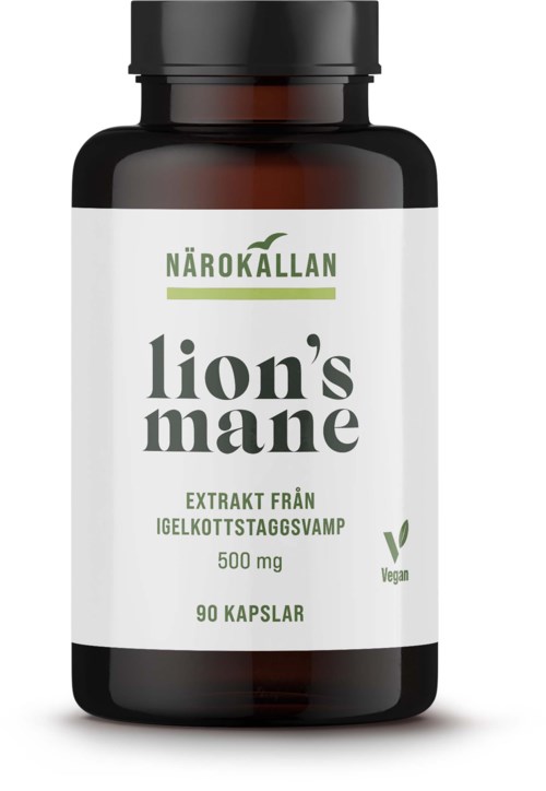 A dark bottle with a white label showing the brand 'NäroKällan' and product name 'lion's mane'. Text mentions vegan and 90 capsules.