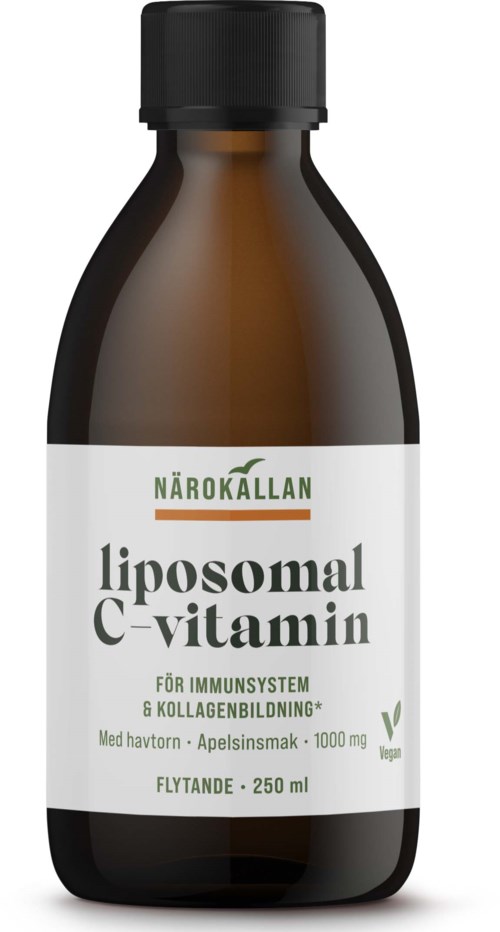Brun flaske med hvit etikett som viser at den inneholder liposomal C-vitamin for immunforsvar med appelsinsk lys:**
