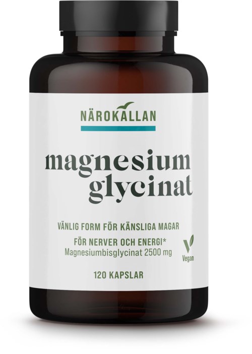 A bottle with a white label holding 120 capsules of magnesium glycinate, designed for nerve and energy support.