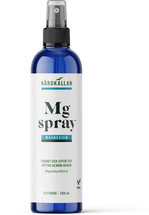 Blue spray bottle labeled Mg spray with magnesium content, 250 ml, for skin use.