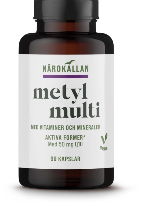 En svart flaske merket Närokällan Metyl Multi med grønn og lilla tekst, som hevder å inneholde vitaminer og mineraler, er vegan.