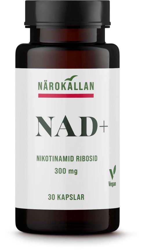 En mörk flaska märkt NAD+ kosttillskott med 30 kapslar, visar hälsovinster och vegan. Logga och text finns.