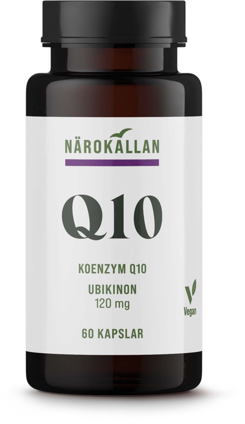 Black bottle of vegan Q10 supplement with white label, green and purple text, indicates 60 capsules, 120 mg each.