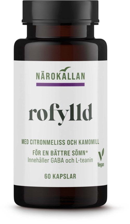 Flaska med kapslar, märkt 'Rofylld,' innehållande citronmeliss och kamomill för bättre sömn, glutenfri och vegansk.
