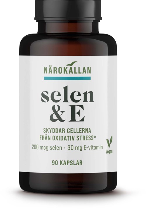 Svart flaska med vit etikett, grön och svart text, och en grön lövlogotyp. Innehållerselen och vitamin E-kapslar.