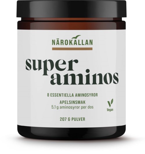 En ren etikettkrukke med svart lokk, grønn og hvit tekst, som indikerer vegansk super amino pulver, 8 aminosyrer, 207g.