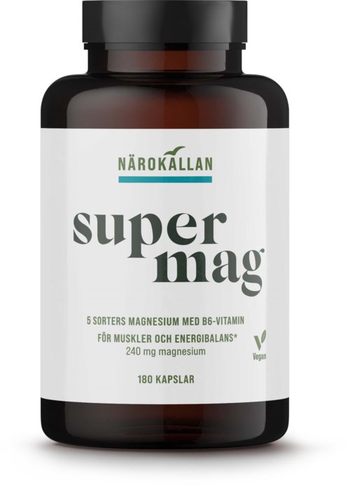 En flaske merket super mag inneholder magnesium med B6-vitamin for muskler og energi, vegansk, 180 kapsler.