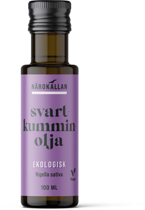 A small dark oil bottle with a purple label, mentioning organic black cumin oil and 100 ml volume.