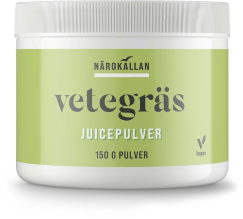Vetegrassepulver i en grønn og hvit beholder, merket vegansk, 150 gram. Det er et plantebasert helsetilskudd.