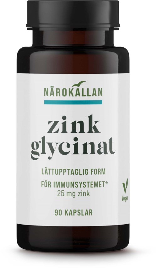 Bottle of zinc glycinate capsules, labeled as vegan, for immune support, containing 25 mg zinc, 90 capsules.