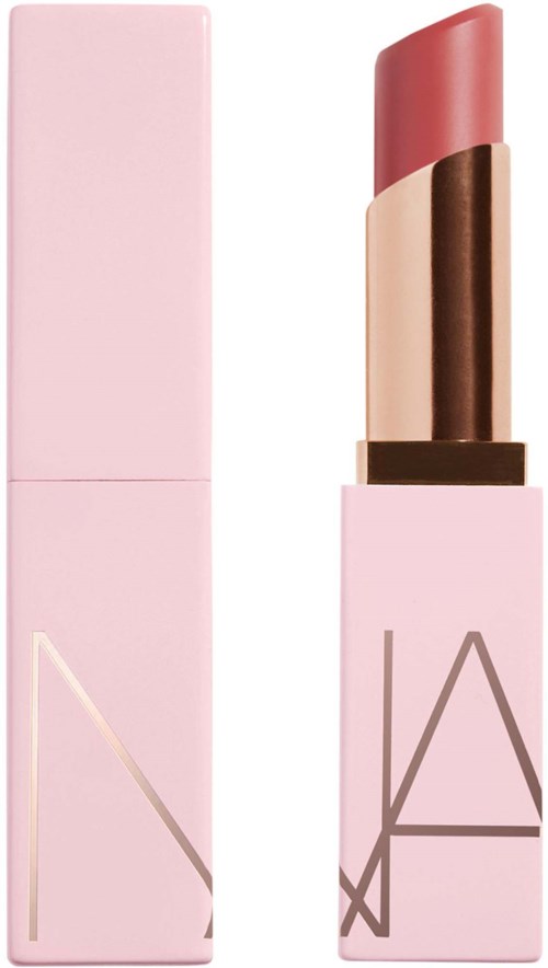 A pink lipstick tube and the lipstick is partially opened, showing a pinkish shade. The packaging has a minimal design.