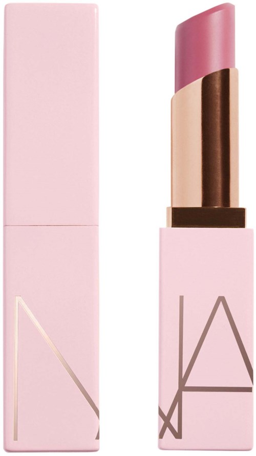 Pink lipstick in a box with a modern logo design on the packaging.