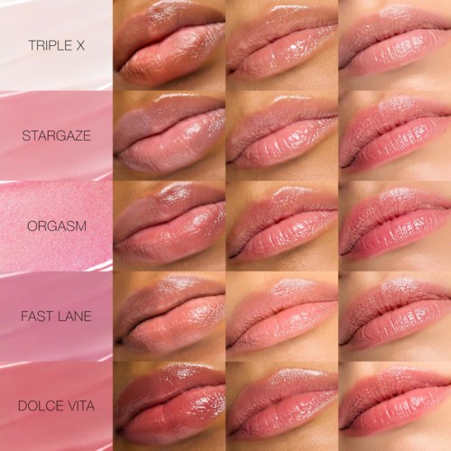 Different shades of lipstick named Triple X, Stargaze, Orgasm, Fast Lane, and Dolce Vita are shown on lips.
