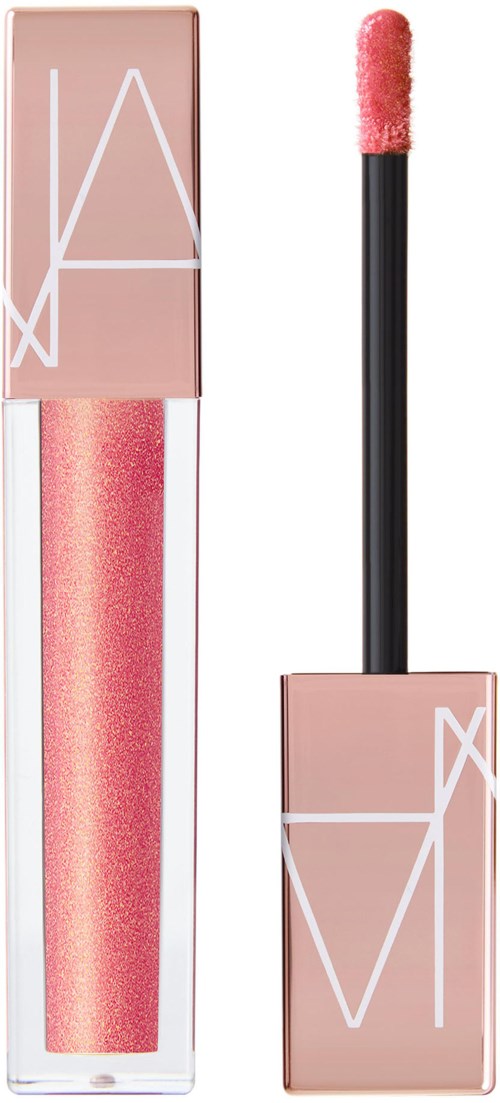 A lip gloss with a pink color and a rectangular shape, featuring a clear tube and a matching pink lid.
