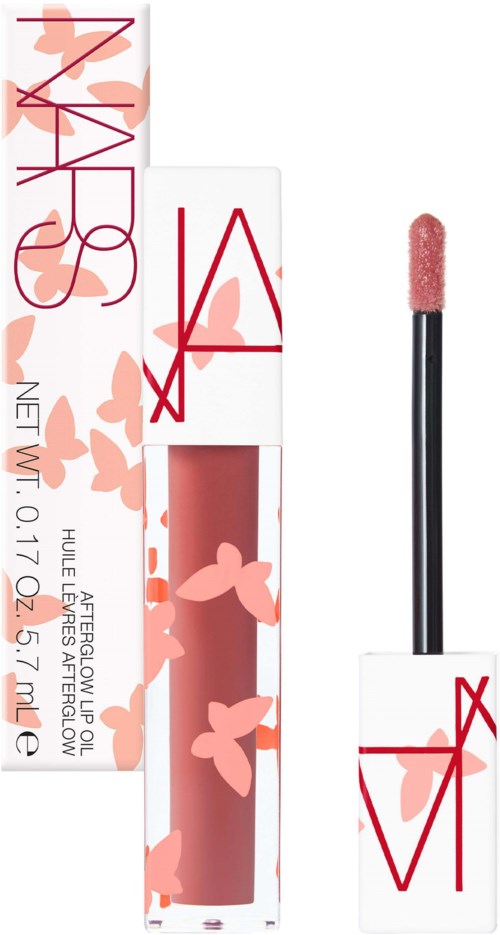 Lip gloss with butterfly design, in a tall tube, with a wand applicator.