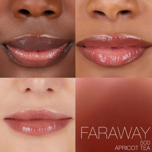 Two people with glossy lips, one darker and one lighter skin tone, showing before and after lip gloss application.