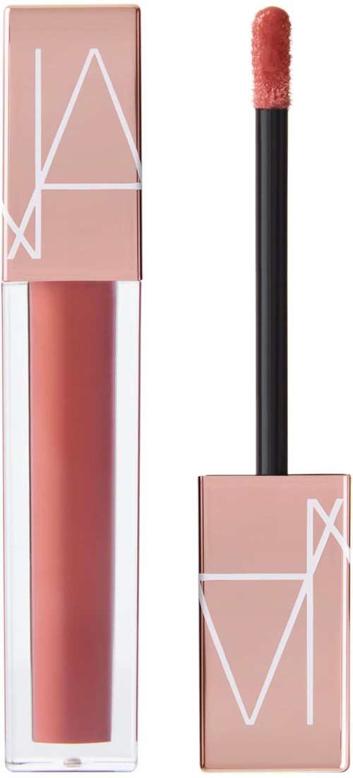 A lip gloss with a pink tube and a matching rectangular cap with white geometric lines.