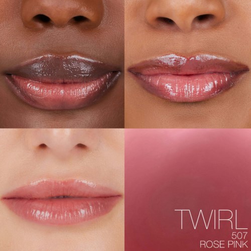Comparison of lips before and after using a pink lip gloss, with a close-up of different lips.