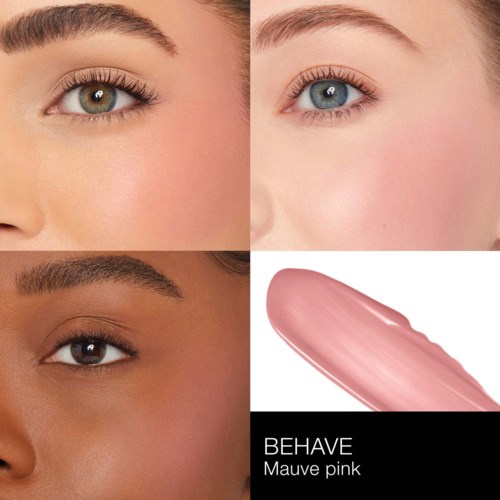 Four close-up images of eyes and a swatch of mauve pink makeup. The eyes have different skin tones and eye colors.