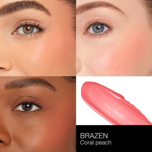 Four images show differences in eye color and skin tone, with a sample of coral peach makeup color.