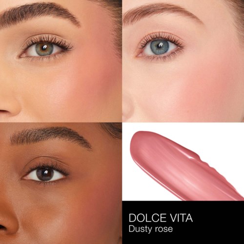 Close-up of three different women's eyes and a swatch of pink lipstick labeled 'DOLCE VITA Dusty rose.'