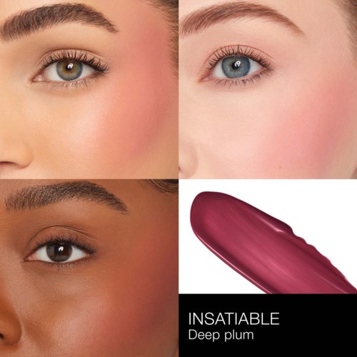 Top left: Light-skinned eye with makeup. Top right: Light-colored eye with light makeup. Bottom left: Dark-skinned eye with makeup. Bottom right: Lipstick labeled 'Deep plum'.