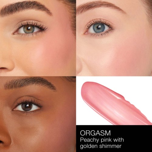 Images show different eye colors and a pink lip gloss with shimmer. The gloss is labeled "ORGASM."