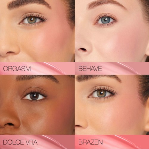 This is a collage showing different eye and skin tones with words like 'Orgasm,' 'Behave,' 'Dolce Vita,' and 'Brazen.'