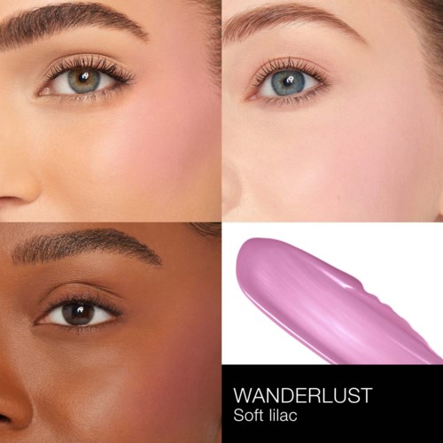 Comparison of different eye colors and a pink lipstick swatch. The eyes range from brown to blue shades.