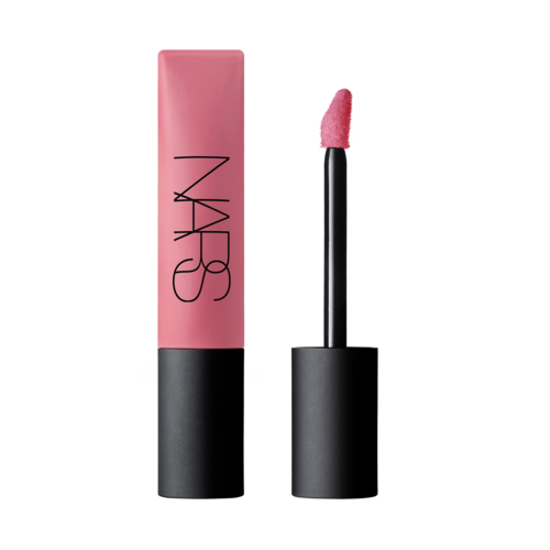 Rosafärgad läppstift med borsten borttagen, visar färgen och röret i svart och rosa.