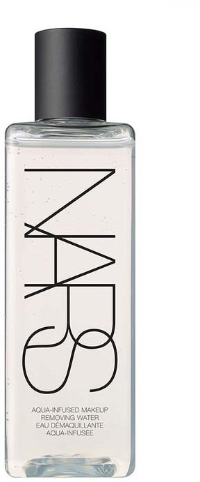A clear bottle with a black cap labeled 'NARS' and 'Aqua-Infused Makeup Removing Water'.