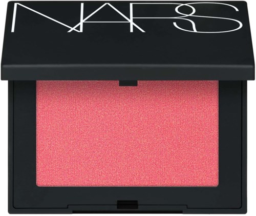 A NARS blush compact with a black lid and pink blush inside.