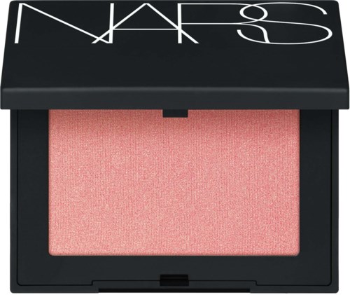 A NARS blush in a black case with a large pink powder inside.