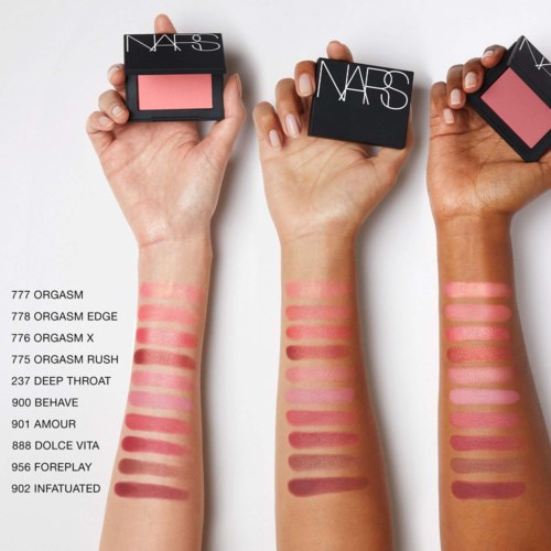 Swatches of various lipstick shades on three arms, with a NARS logo above. Shade names listed on left side.