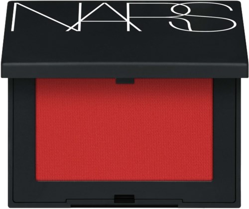 A NARS blush compact with a black lid and red blush inside.
